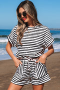 Black Stripe Knitted Short Sleeve Top and Drawstring Shorts Set Black Stripe 85%Polyester+10%Viscose+5%Elastane