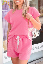Sachet Pink Checkered Textured Tee and Drawstring Shorts Sachet Pink 95%Polyester+5%Elastane