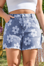 Ashleigh Blue Floral Pattern High Waist Raw Hem Plus Size Denim Shorts Ashleigh Blue 72%Cotton+26%Polyester+2%Elastane