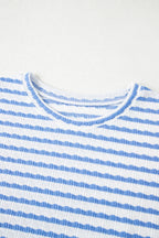 Sky Blue Stripe Knitted Short Sleeve Top and Drawstring Shorts Set