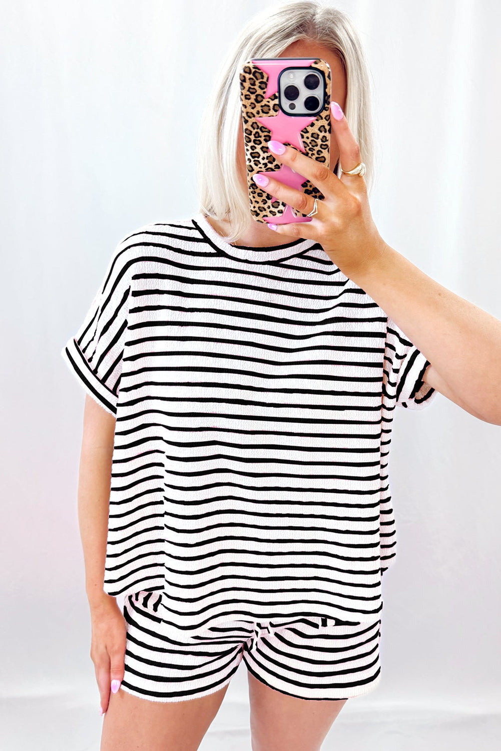 Pink Striped Print Short Sleeve Top and Pocket Shorts Set