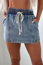 Dusk Blue Drawstring High Waist Pocketed Denim Shorts Dusk Blue 72%Cotton+26%Polyester+2%Elastane