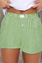 Fern Green Vintage Plaid Print High Waisted Loose Wide Leg Shorts