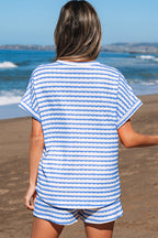 Sky Blue Stripe Knitted Short Sleeve Top and Drawstring Shorts Set