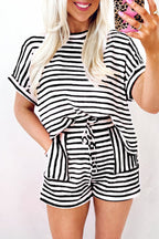 Pink Striped Print Short Sleeve Top and Pocket Shorts Set