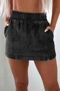 Black Drawstring High Waist Pocketed Denim Shorts Black 72%Cotton+26%Polyester+2%Elastane