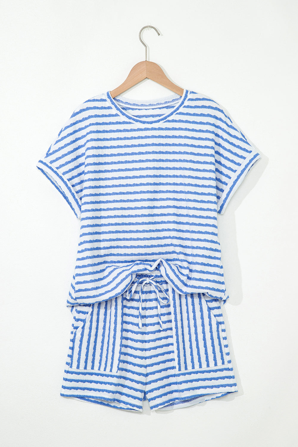 Sky Blue Stripe Knitted Short Sleeve Top and Drawstring Shorts Set Sky Blue Stripe 85%Polyester+10%Viscose+5%Elastane
