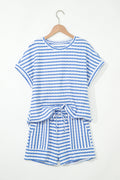 Sky Blue Stripe Knitted Short Sleeve Top and Drawstring Shorts Set Sky Blue Stripe 85%Polyester+10%Viscose+5%Elastane