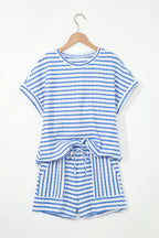 Sky Blue Stripe Knitted Short Sleeve Top and Drawstring Shorts Set Sky Blue Stripe 85%Polyester+10%Viscose+5%Elastane