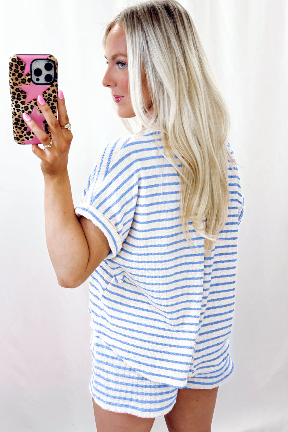 Pink Striped Print Short Sleeve Top and Pocket Shorts Set