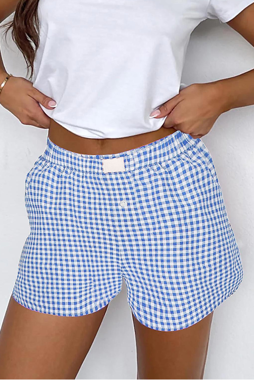 Fern Green Vintage Plaid Print High Waisted Loose Wide Leg Shorts blue