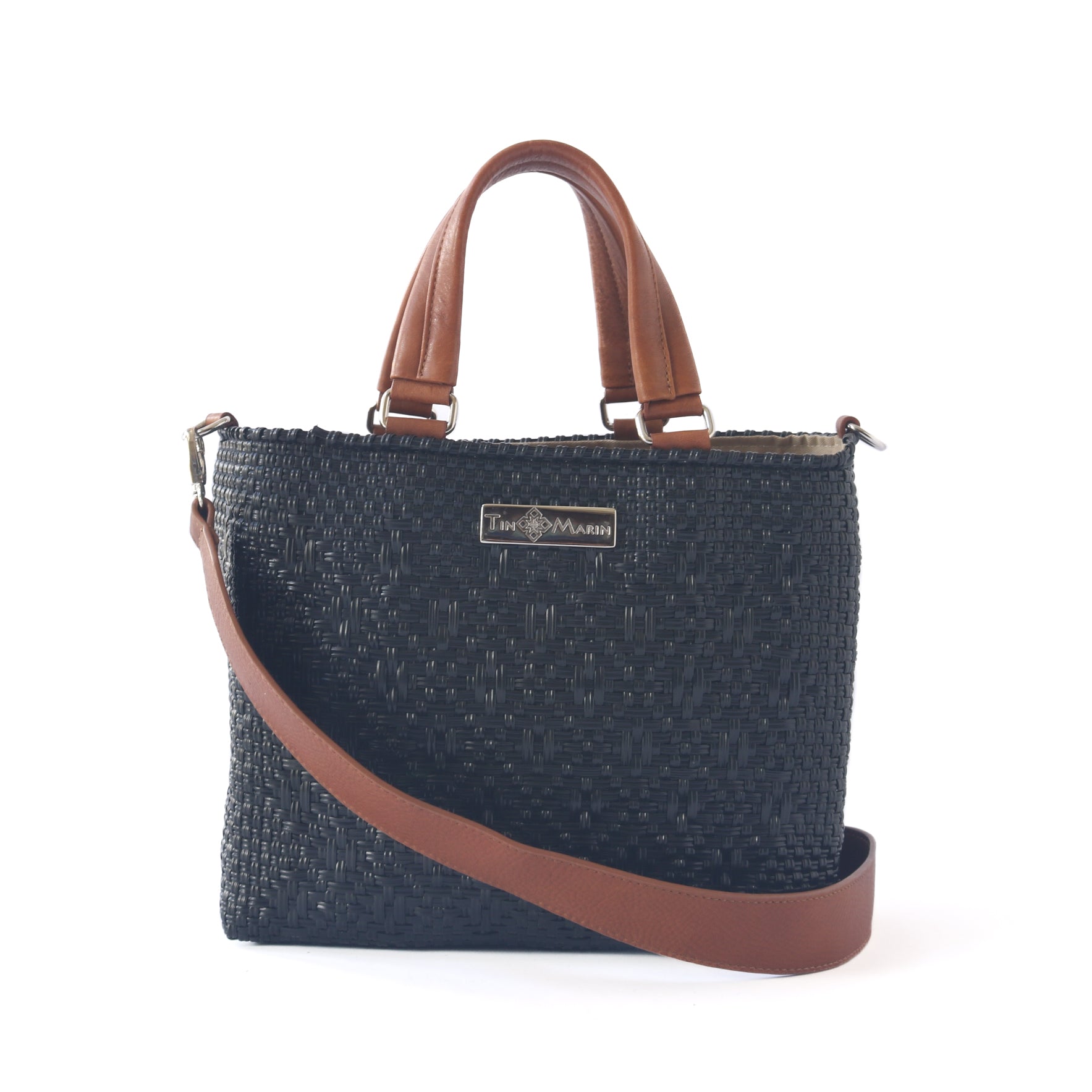 All Black Medium Woven Crossbody Drawstring Bag tan