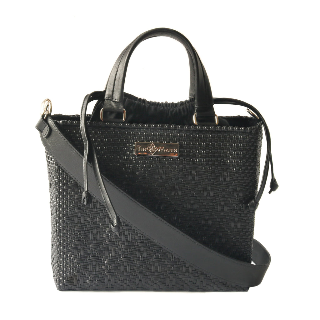 All Black Medium Woven Crossbody Drawstring Bag black