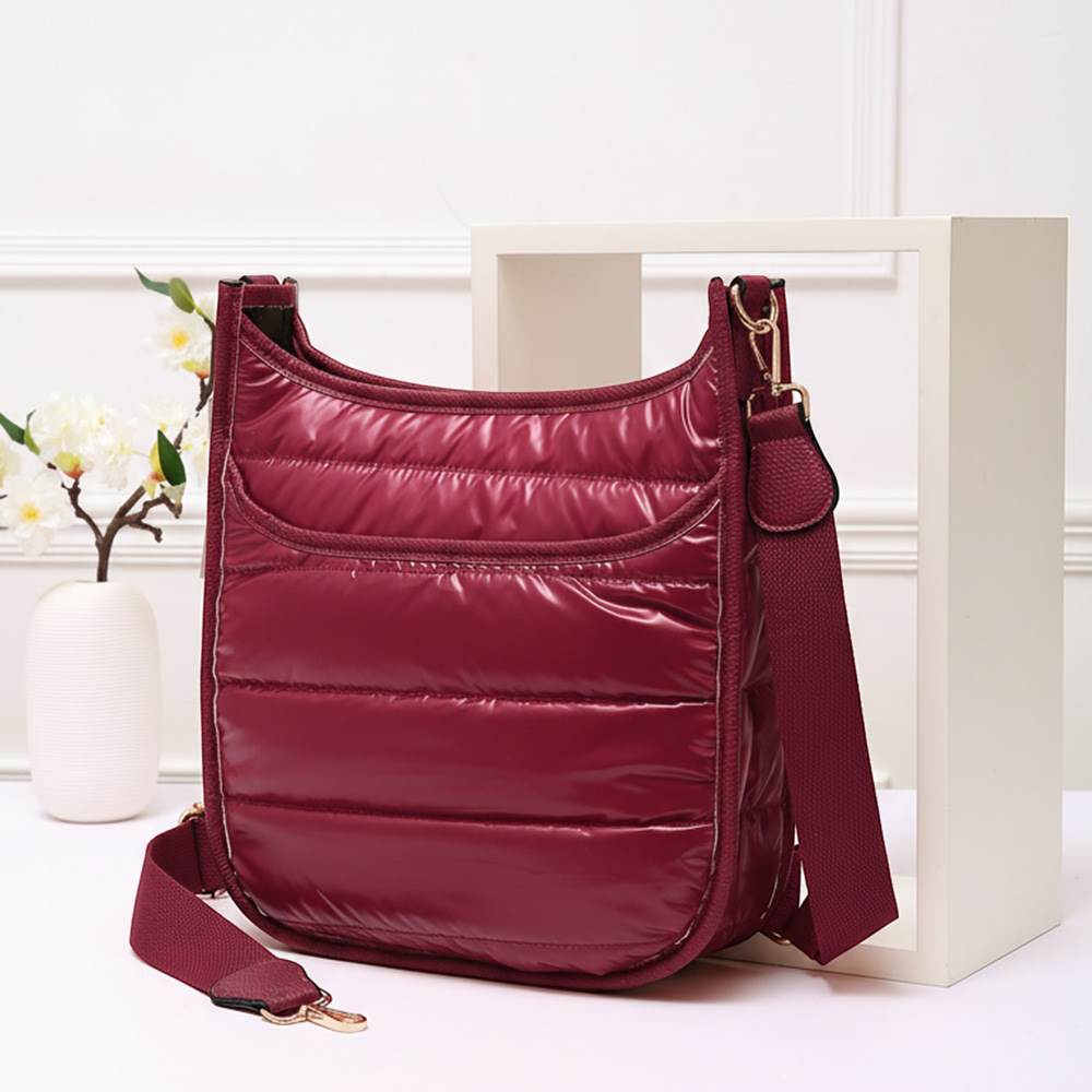Solid Quilted Shiny Puffer Crossbody Bag Burgundy