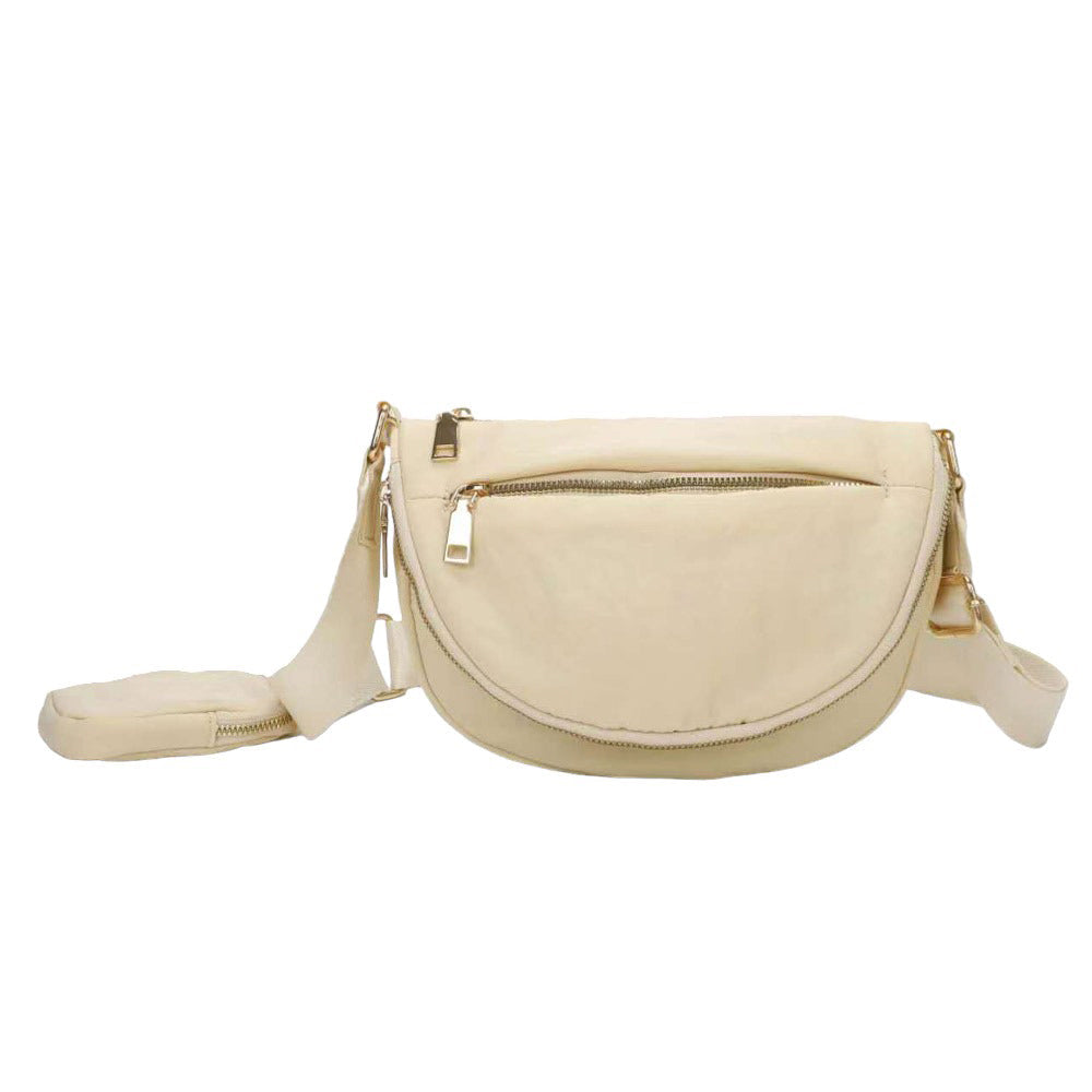 Half Round Solid Nylon Crossbody Bag Beige