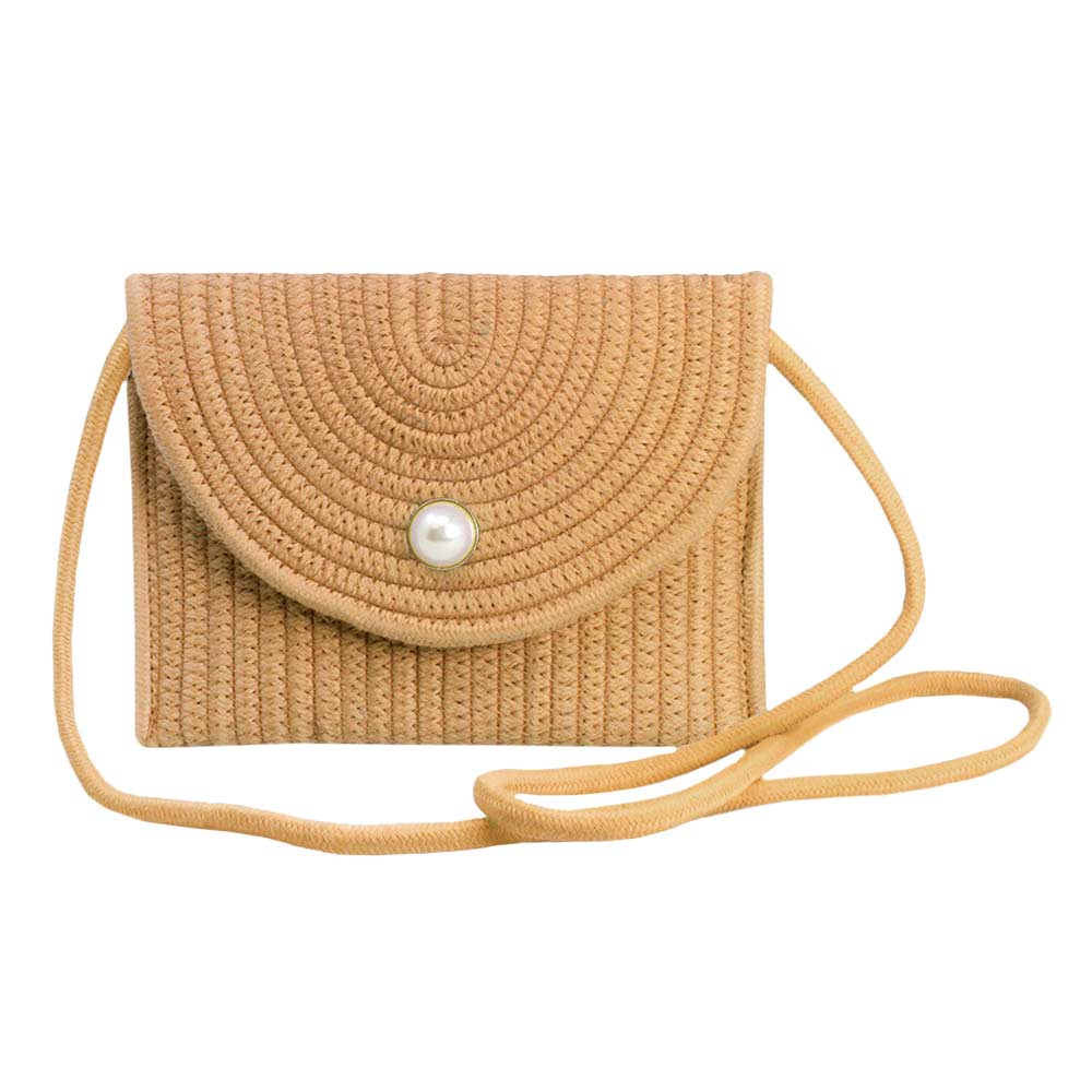 Solid Color With Pearl Button Straw Micro Crossbody Bag Beige