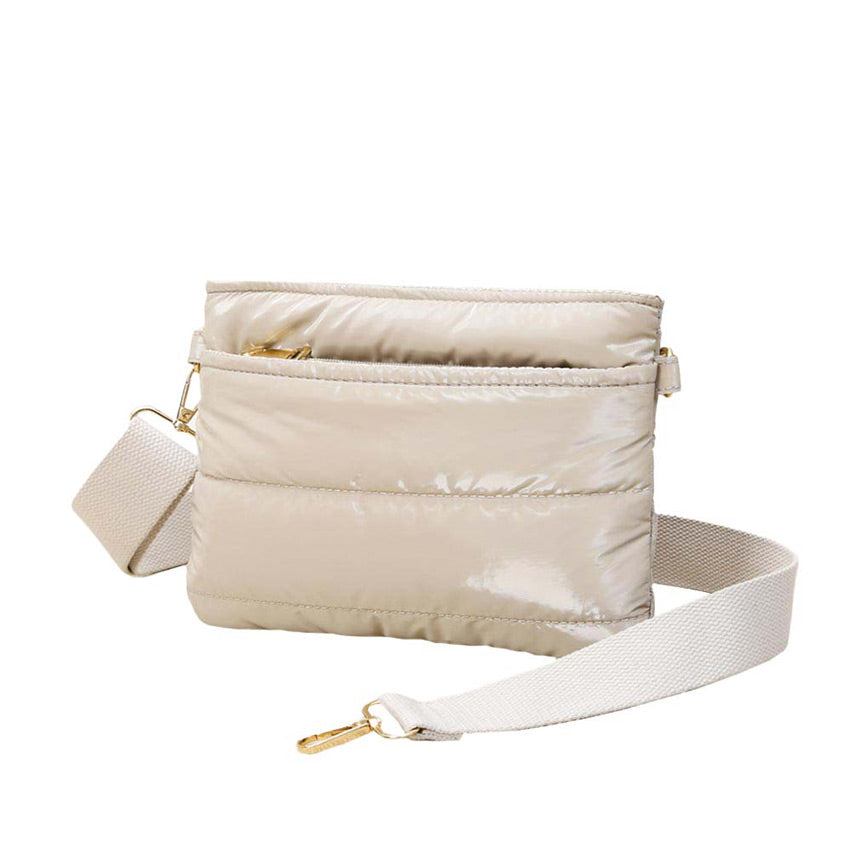 Glossy Solid Puffer Crossbody Bag Beige