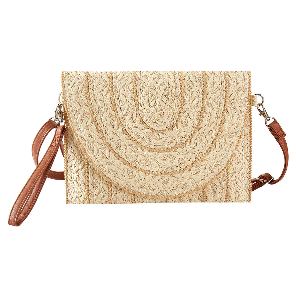 Stitch Detailed Straw Crossbody Bag Beige