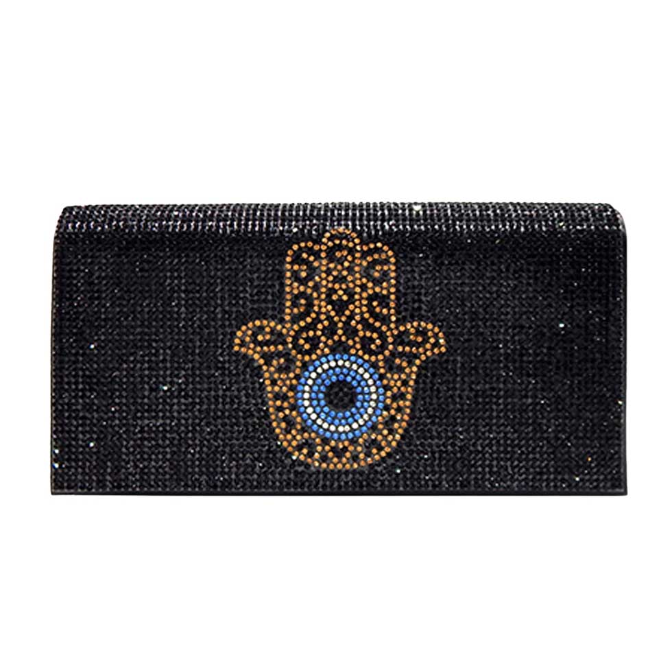 Bling Evil Eye Hamsa Hand Evening Clutch Crossbody Bag Black