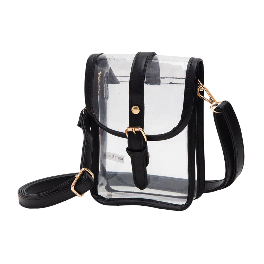 Faux Leather Belt Buckle Pointed Transparent Crossbody Bag Black