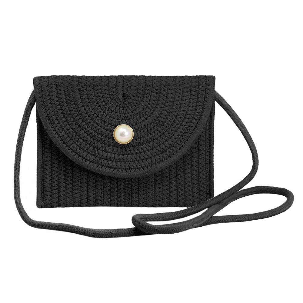 Solid Color With Pearl Button Straw Micro Crossbody Bag Black
