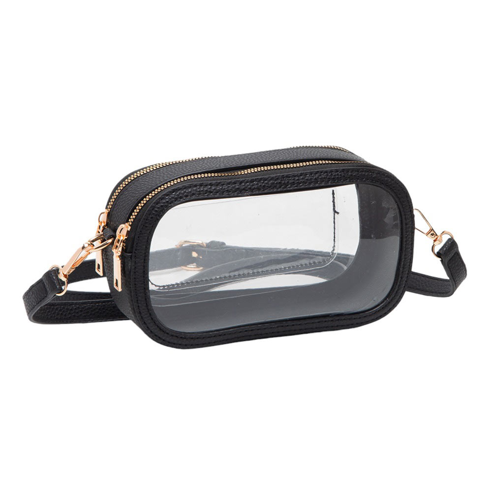 Solid Faux Leather Transparent Rectangle Crossbody Bag Black
