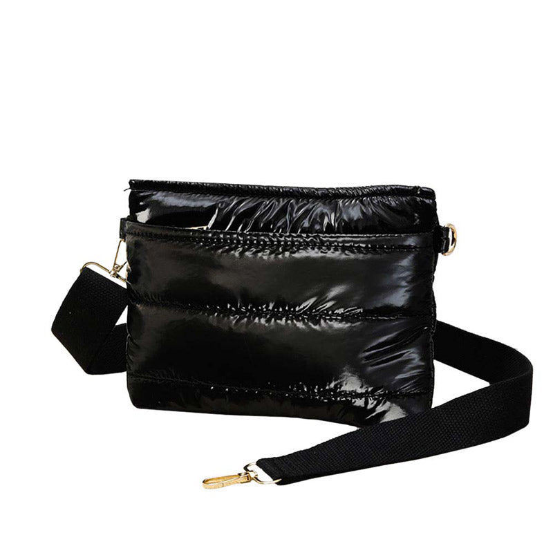 Glossy Solid Puffer Crossbody Bag Black