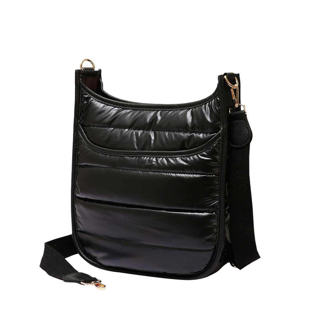 Solid Quilted Shiny Puffer Crossbody Bag Black