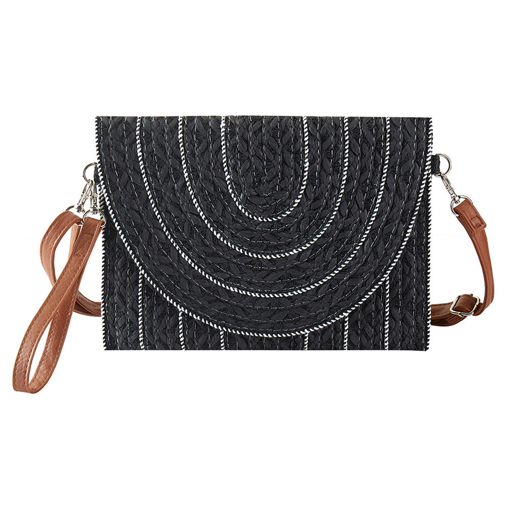 Stitch Detailed Straw Crossbody Bag Black