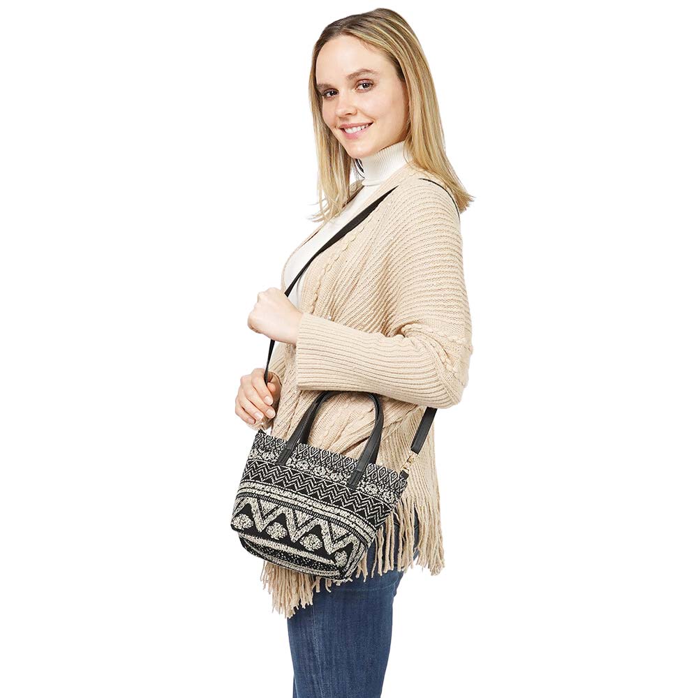 Tribal Patterned Tote Crossbody Bag Black