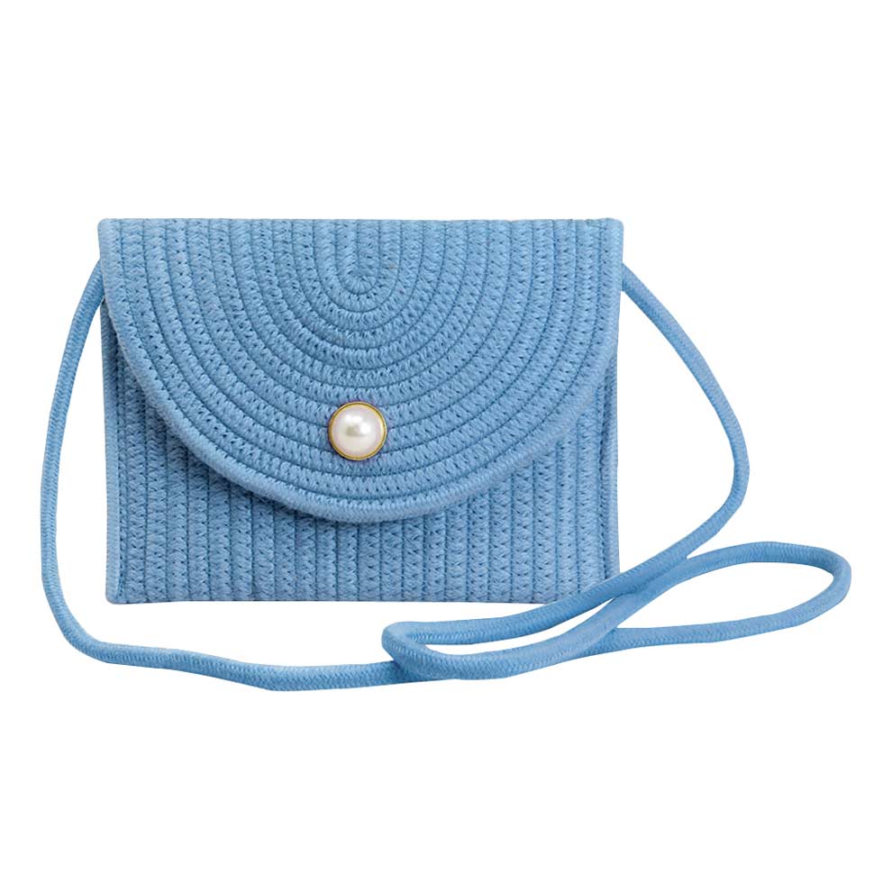 Solid Color With Pearl Button Straw Micro Crossbody Bag Blue