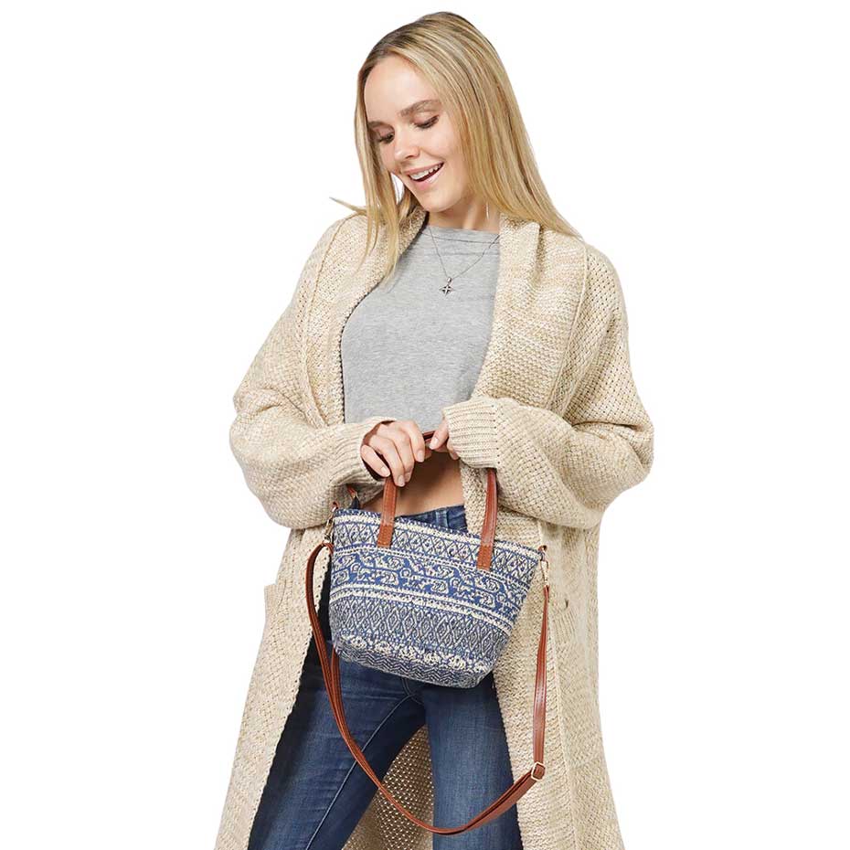 Tribal Patterned Tote Crossbody Bag Blue