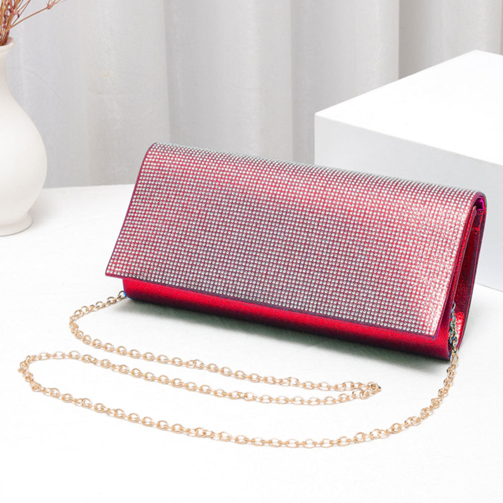 Bling Solid Evening Clutch Crossbody Bag Clear, Red