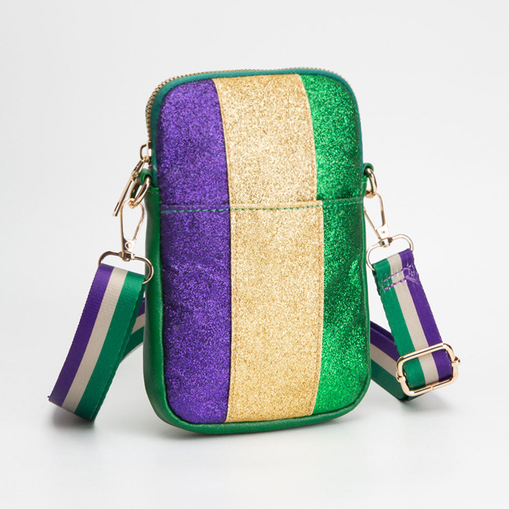 Faux Leather Mardi Gras Sparkle Front Small Crossbody Bag Green