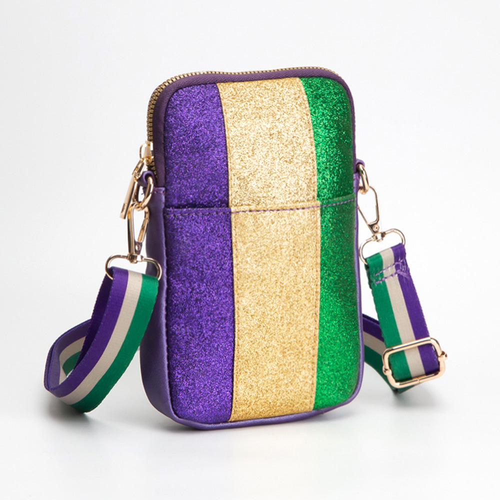 Faux Leather Mardi Gras Sparkle Front Small Crossbody Bag Purple