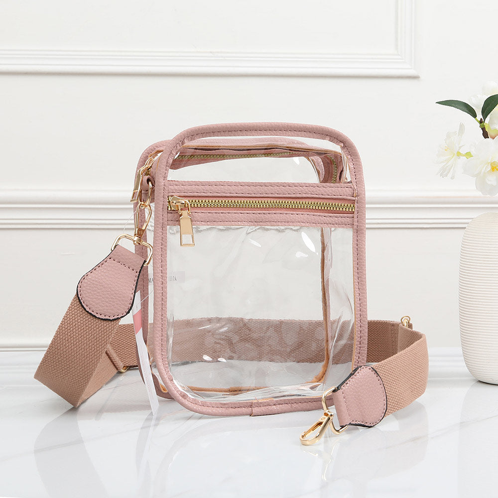 Solid Faux Leather Transparent Rectangle Crossbody Bag Pink