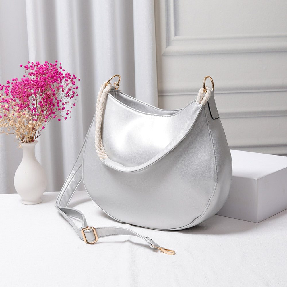 Solid Faux Leather Shoulder Crossbody Bag Silver