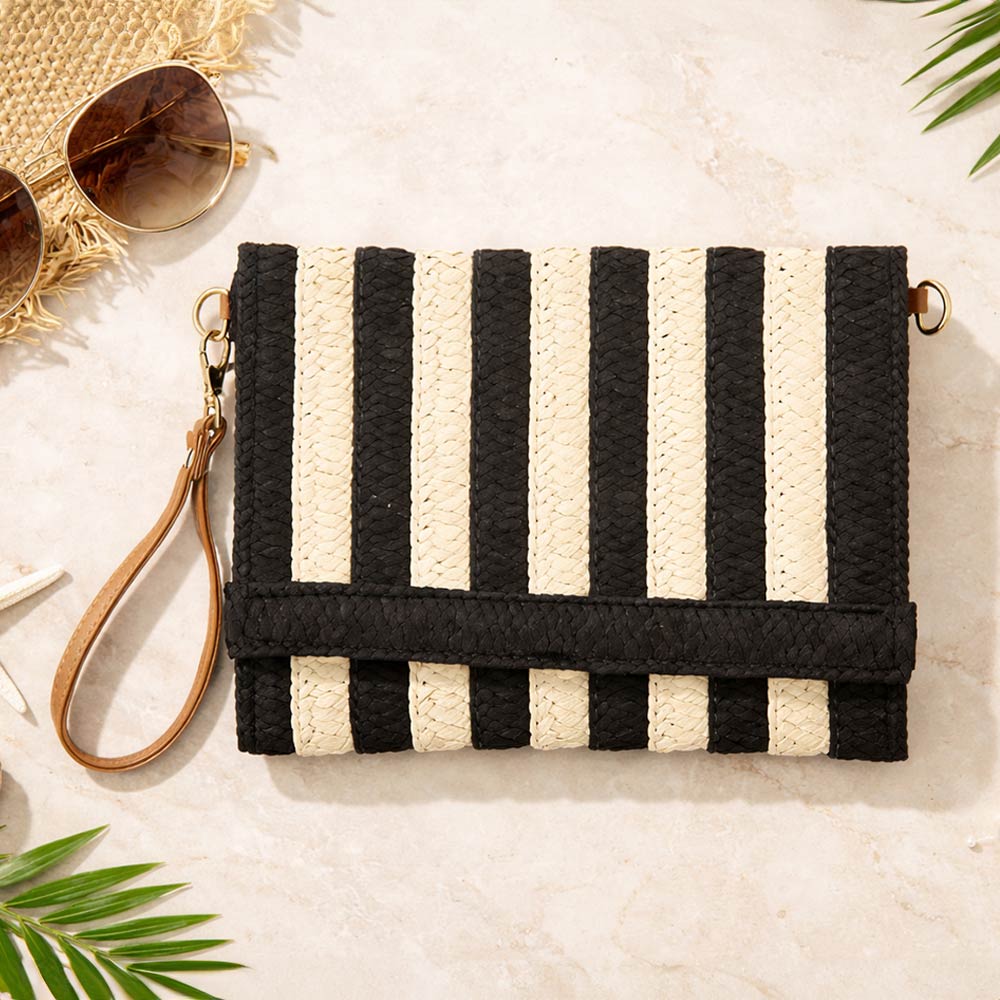 Striped Woven Foldover Wristlet Clutch Crossbody Bag Black