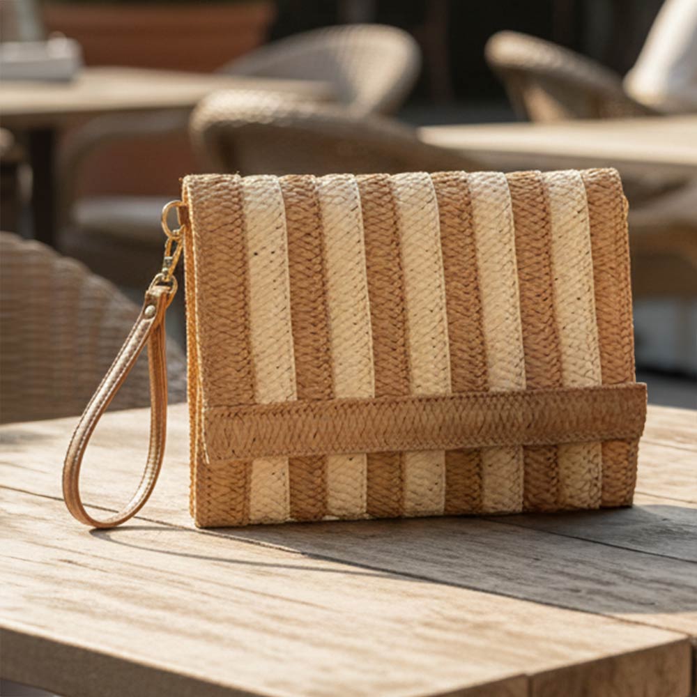 Striped Woven Foldover Wristlet Clutch Crossbody Bag Khaki