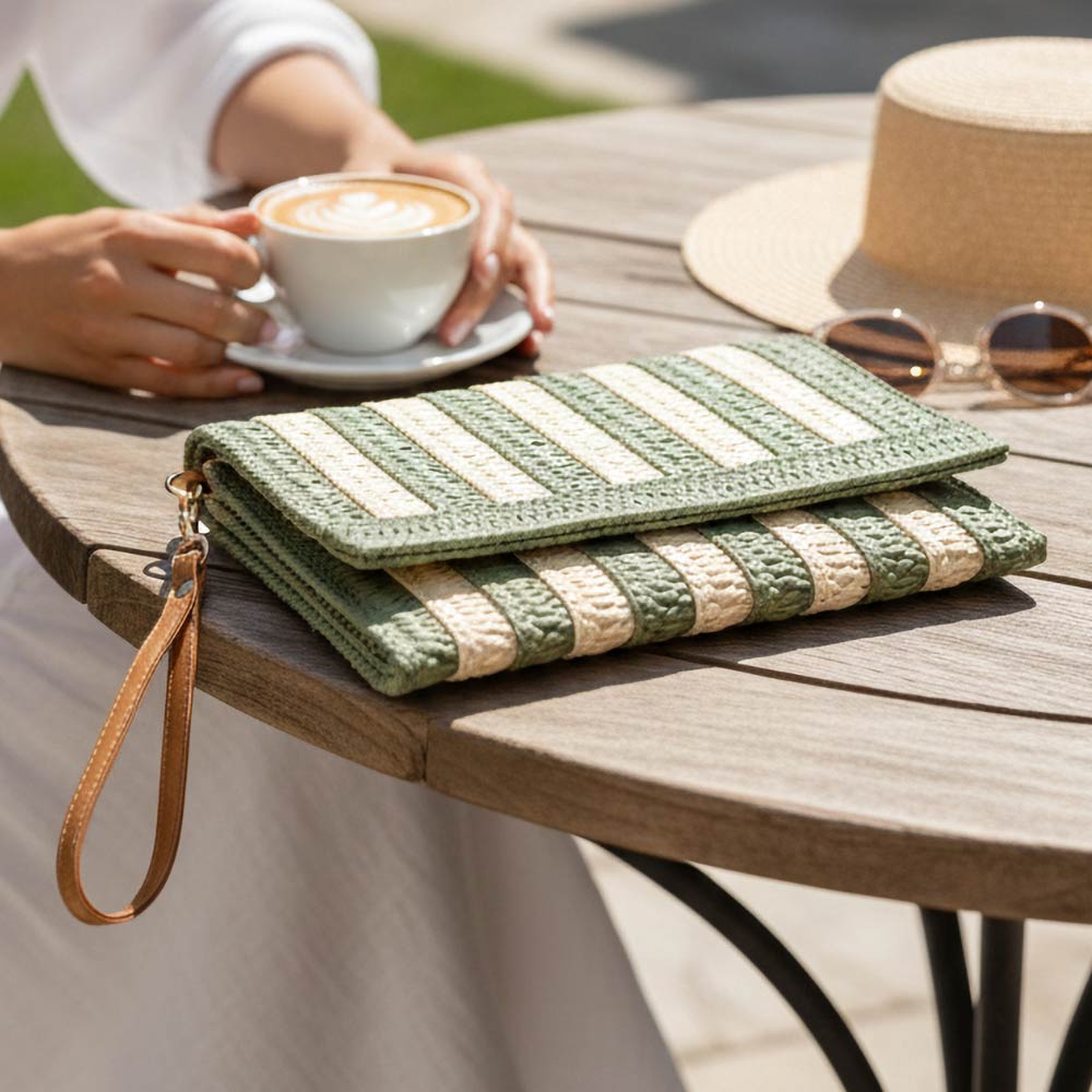 Striped Woven Foldover Wristlet Clutch Crossbody Bag Olive Green