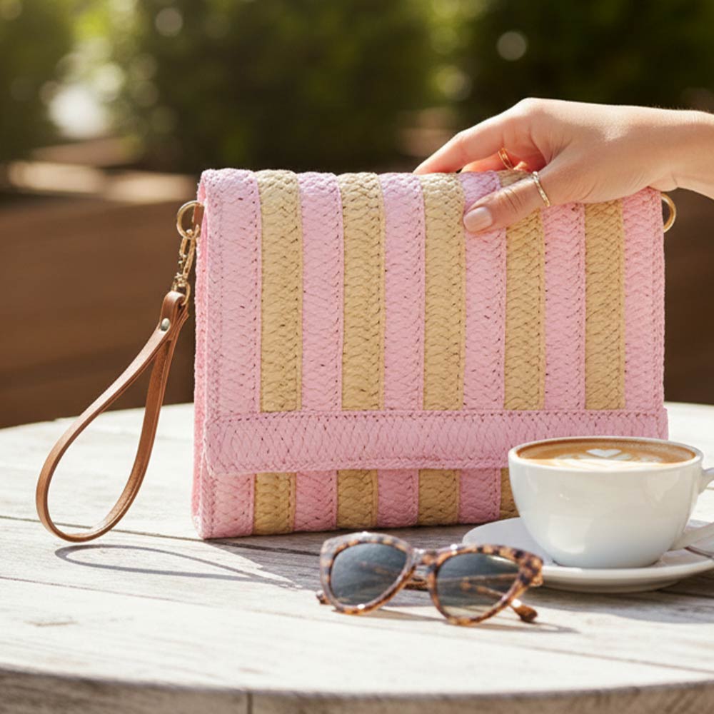 Striped Woven Foldover Wristlet Clutch Crossbody Bag Pink