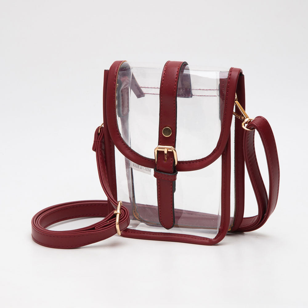 Faux Leather Belt Buckle Pointed Transparent Crossbody Bag Burgundy, Clear