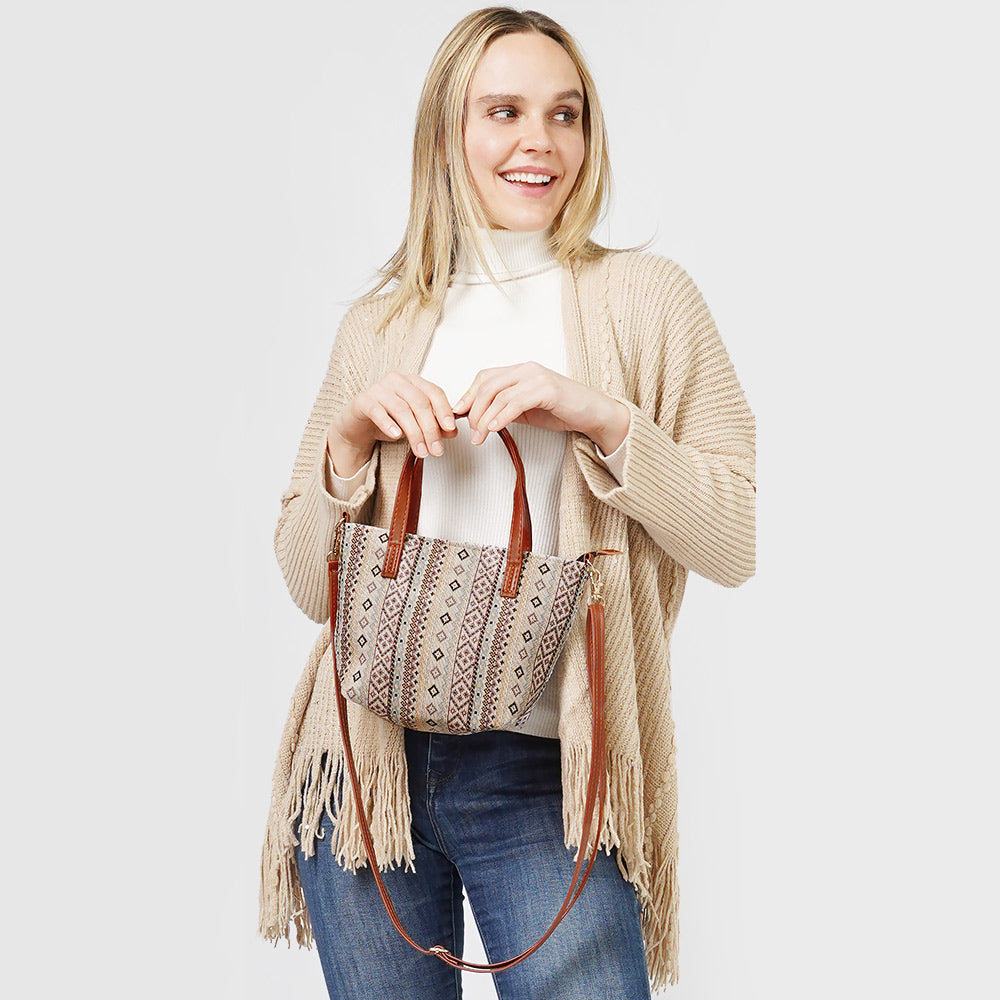 Tribal Patterned Tote Crossbody Bag Beige