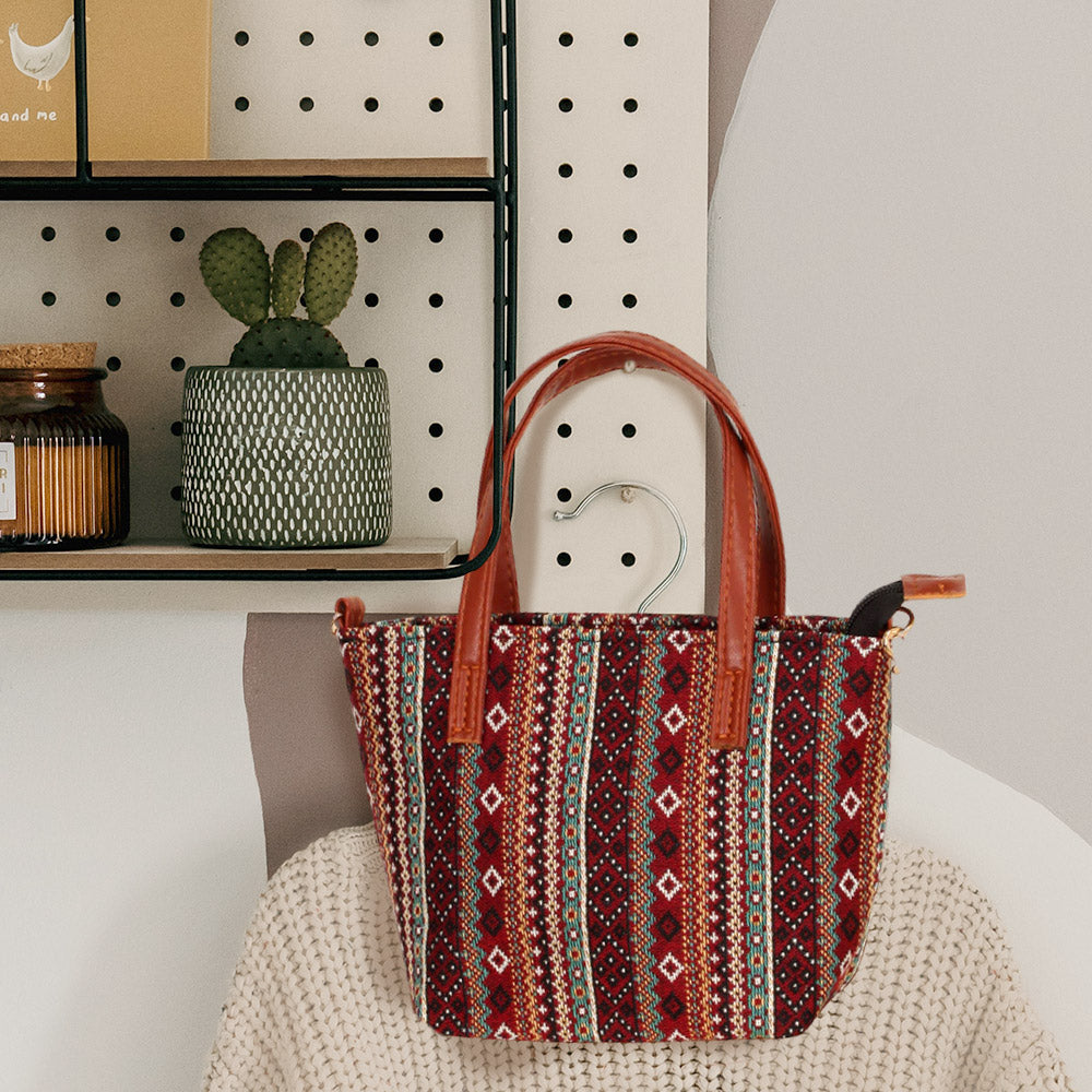 Tribal Patterned Tote Crossbody Bag Burgundy