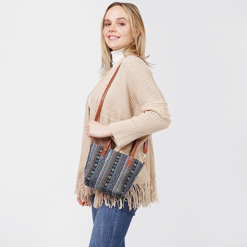 Tribal Patterned Tote Crossbody Bag Navy