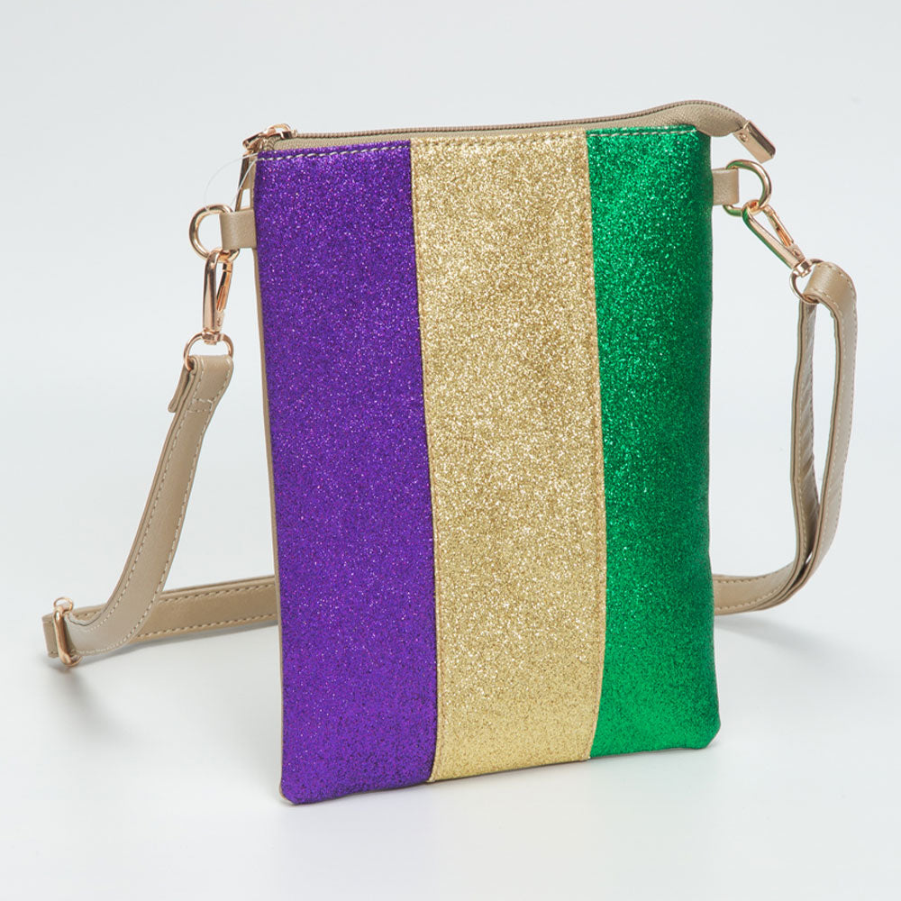 Glittered Vertical Strip Mardi Gras Flat Mini Crossbody Bag Gold