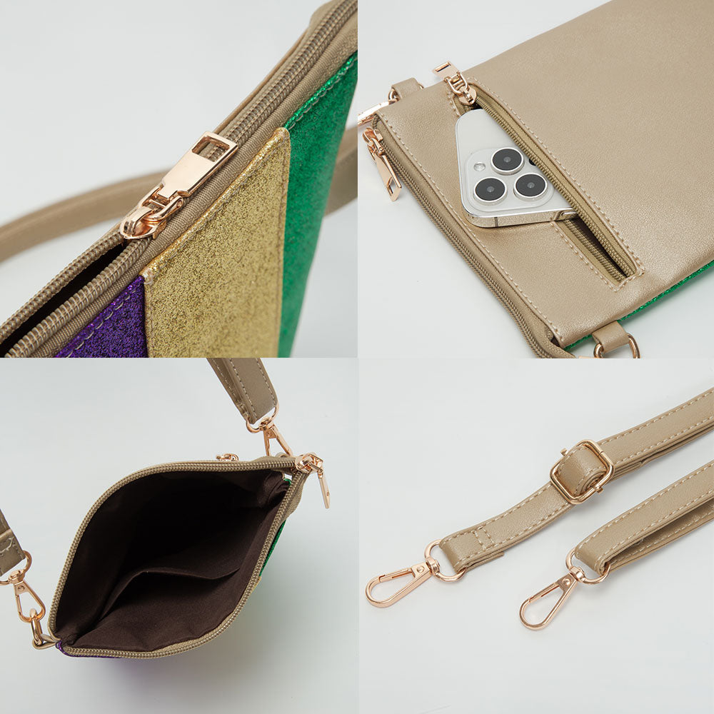 Glittered Vertical Strip Mardi Gras Flat Mini Crossbody Bag