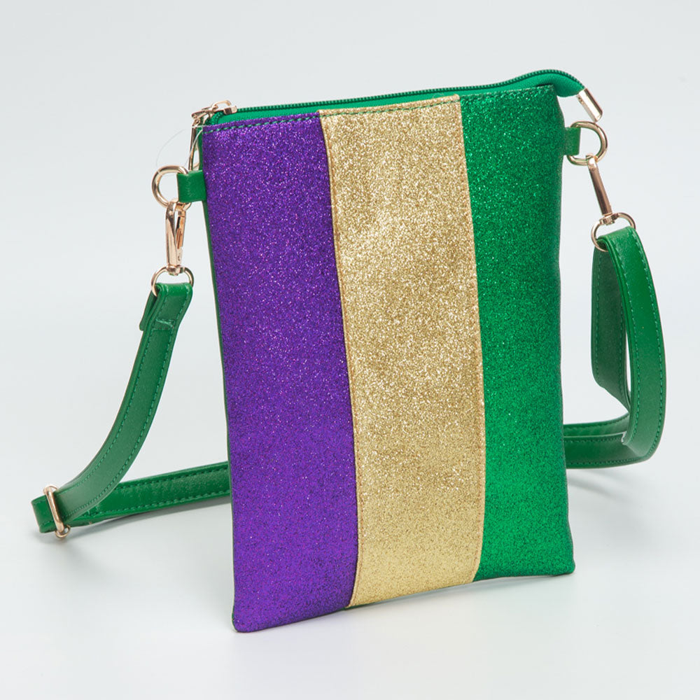 Glittered Vertical Strip Mardi Gras Flat Mini Crossbody Bag Green