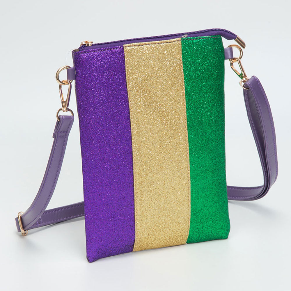 Glittered Vertical Strip Mardi Gras Flat Mini Crossbody Bag Purple