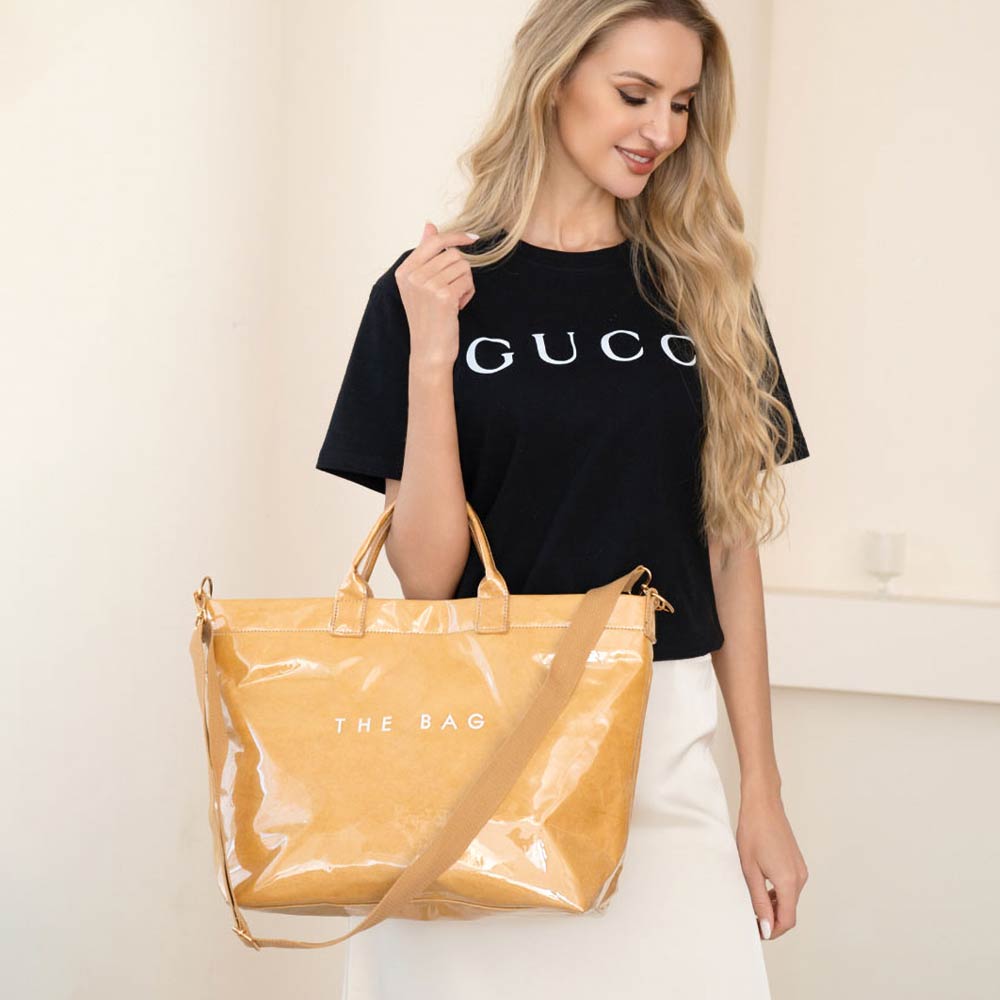 THE BAG Message Print Solid Clear Finish Tote Crossbody Bag Tan